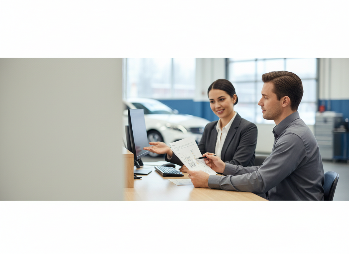 Two colleagues in a dealership office review documents at a shared desk with a computer, car showroom in the background