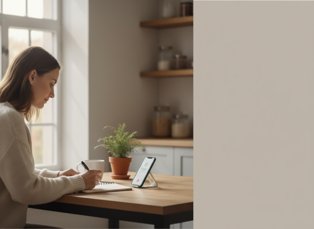 Woman writing in a notebook at a wooden kitchen table, with a smartphone on a stand and a small potted plant nearby.
