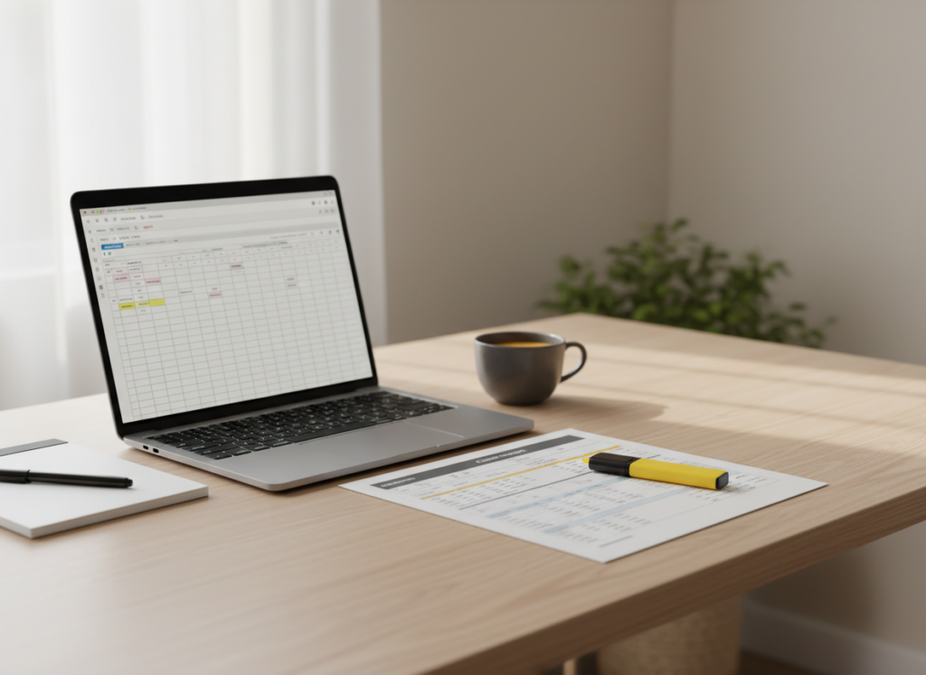 Laptop displaying a calendar app on a light wood desk, with a coffee mug and printed documents nearby