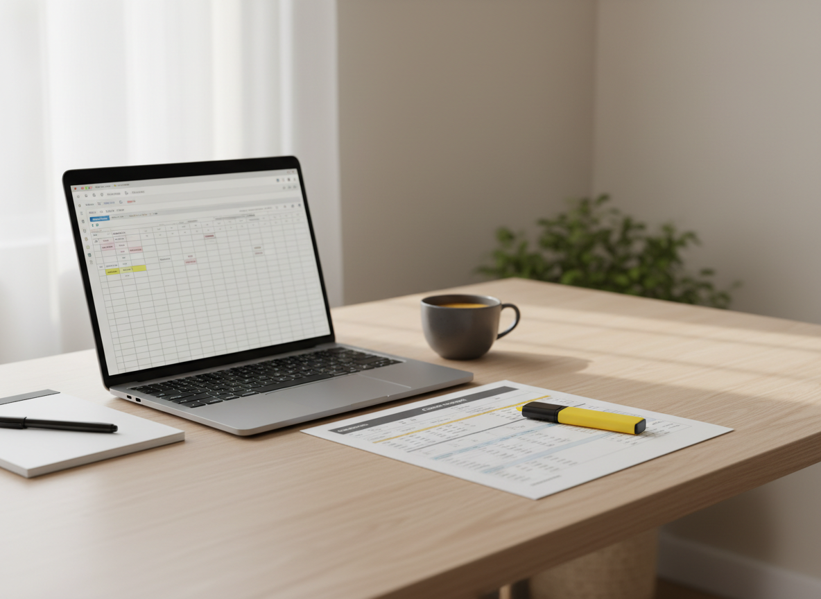 Laptop displaying a calendar app on a light wood desk, with a coffee mug and printed documents nearby