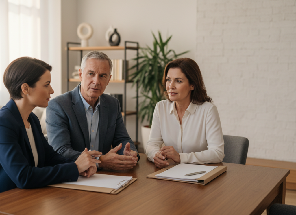 Three professionals discuss at a wooden table with notebooks, in a bright office setting.