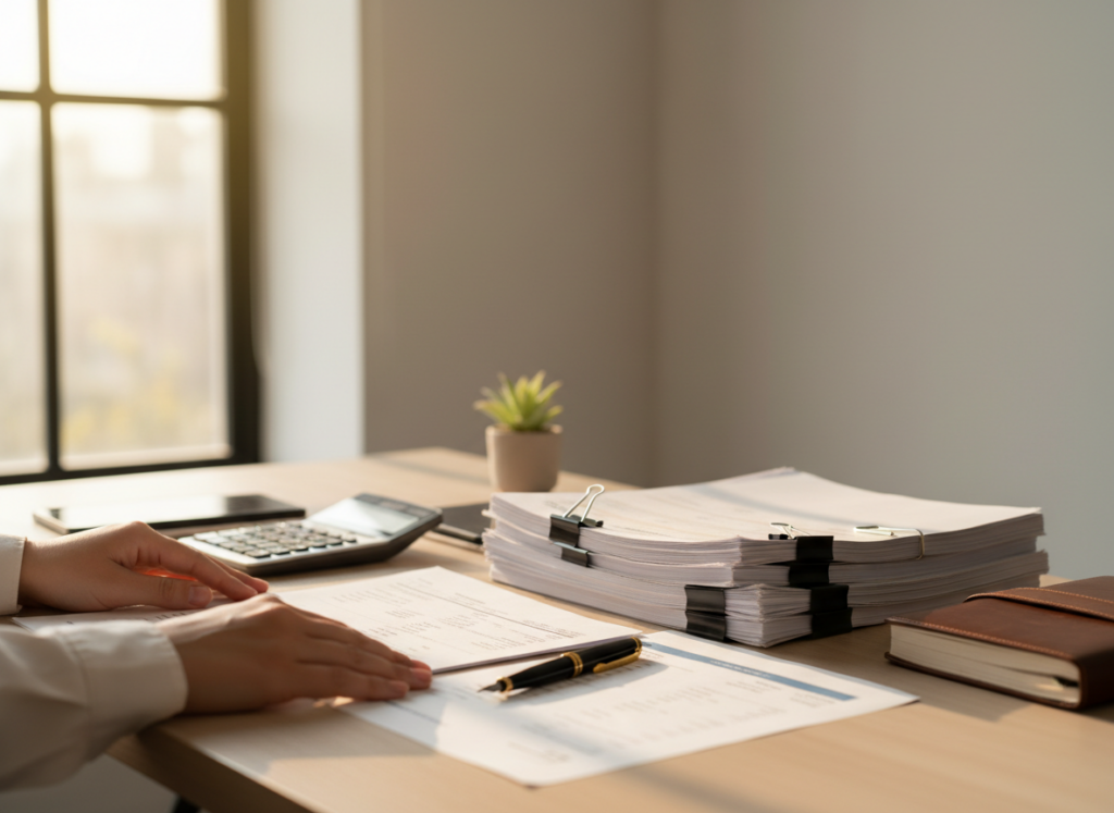 Person's hands rest on a desk while a pen lies on documents beside a calculator and stack of papers in a sunlit office window scene