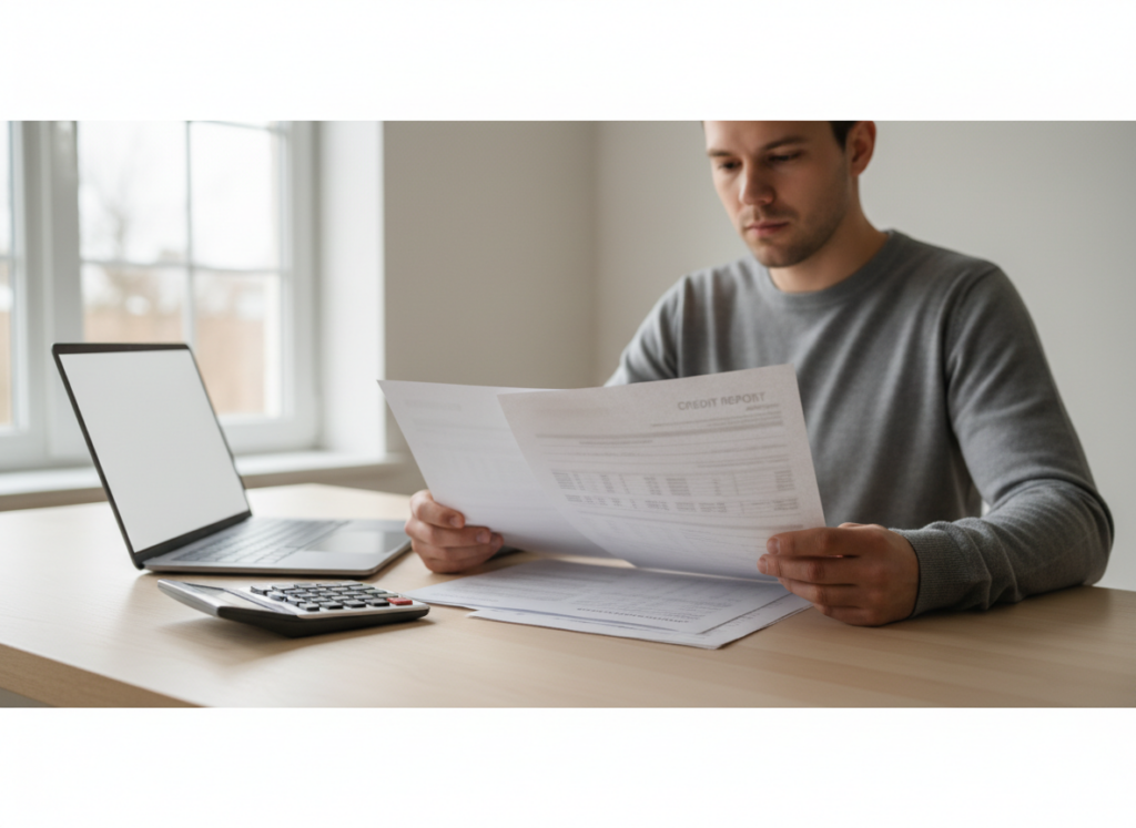 Man in a gray sweater reviewing a credit report at a desk with a laptop, papers, and a calculator nearby.