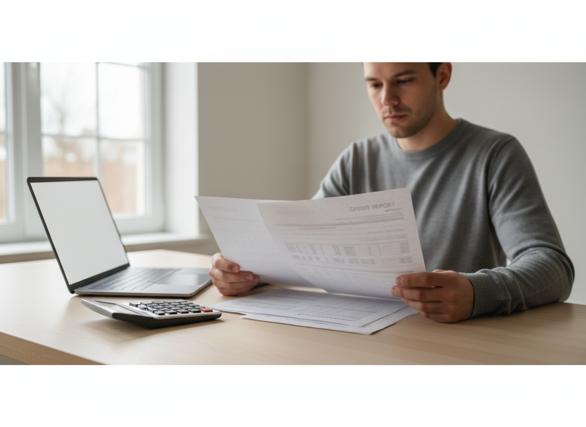 Man in a gray sweater reviewing a credit report at a desk with a laptop, papers, and a calculator nearby.