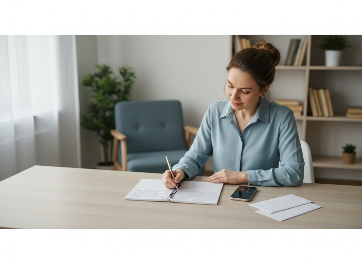 Woman in a blue blouse writes in a spiral notebook at a clean desk, with a smartphone and envelopes nearby.