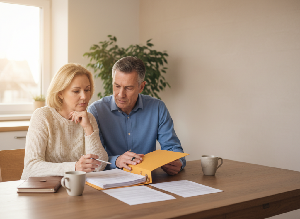 Couple reviews documents at a wooden table, with a yellow binder and pens between them and mugs nearby