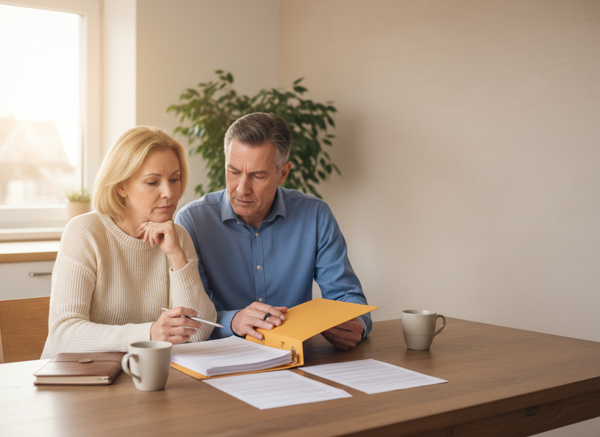 Couple reviews documents at a wooden table, with a yellow binder and pens between them and mugs nearby