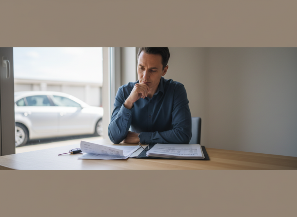 Man in a blue shirt sits at a wooden desk with scattered documents, resting his chin on his hand and thinking. A man reviews papers at a desk by a window; a car is visible outside.