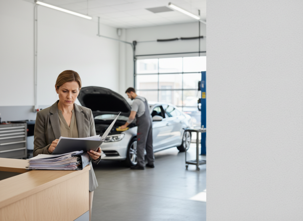 Businesswoman in blazer reviews documents at the reception desk while a mechanic works on a white car in the background of a clean auto shop.
