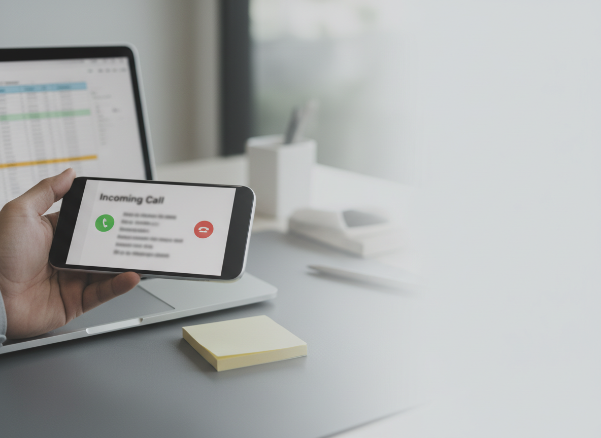 Phone screen shows an 'Incoming Call' alert with green answer and red decline icons, held over a laptop on a desk.