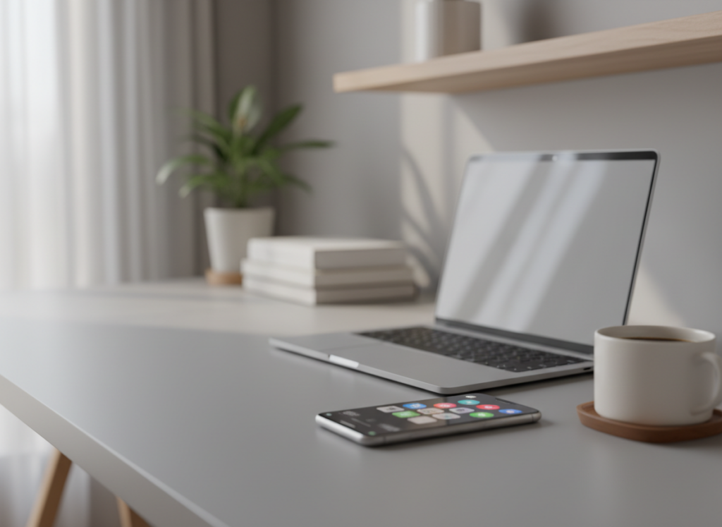 Modern home office: laptop, smartphone with app icons, a coffee mug on a coaster, and a plant on a clean desk with books in the background.
