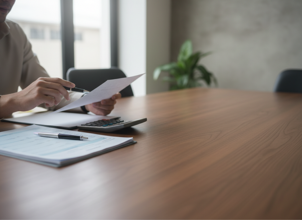 Person at a wooden table reviewing documents with a pen, calculator, and a stack of papers nearby in an office setting.