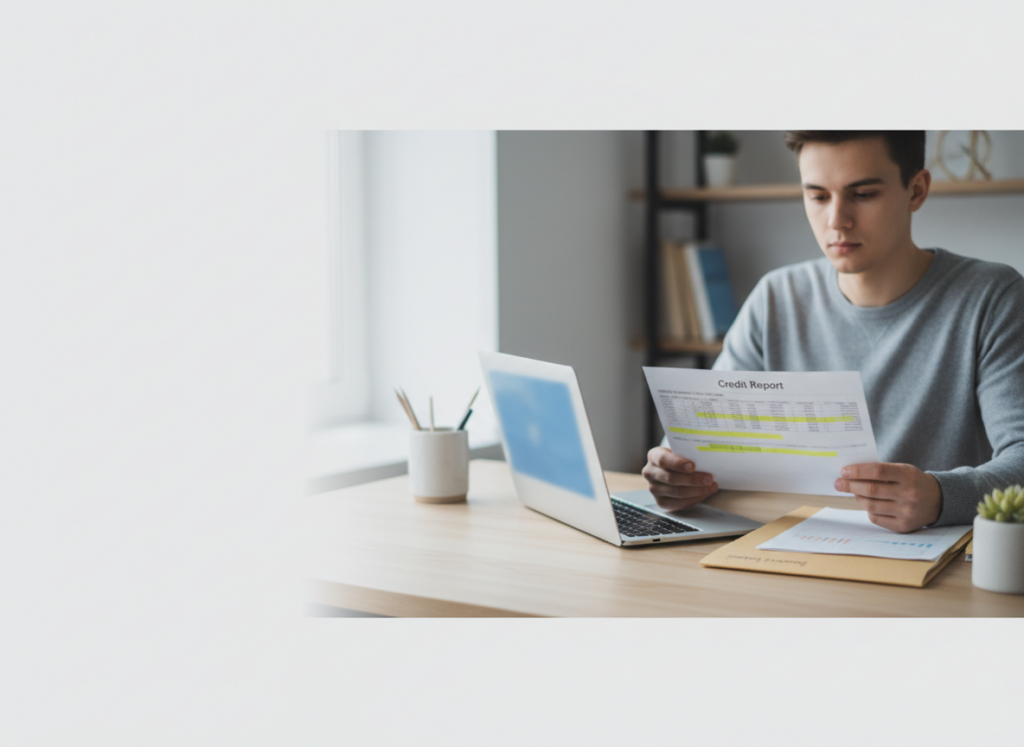 Young man reviews a printed credit report while seated at a desk with a laptop nearby.
