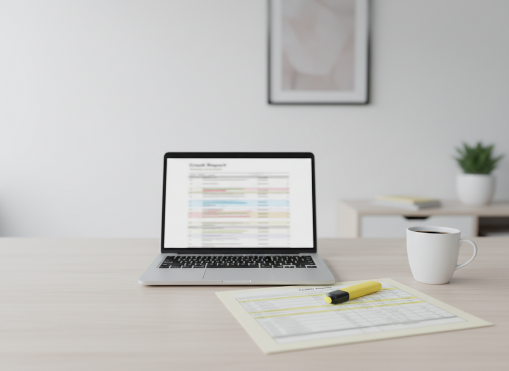 Open laptop on a light desk with a blurred spreadsheet on screen, a yellow highlighter and printed chart nearby.