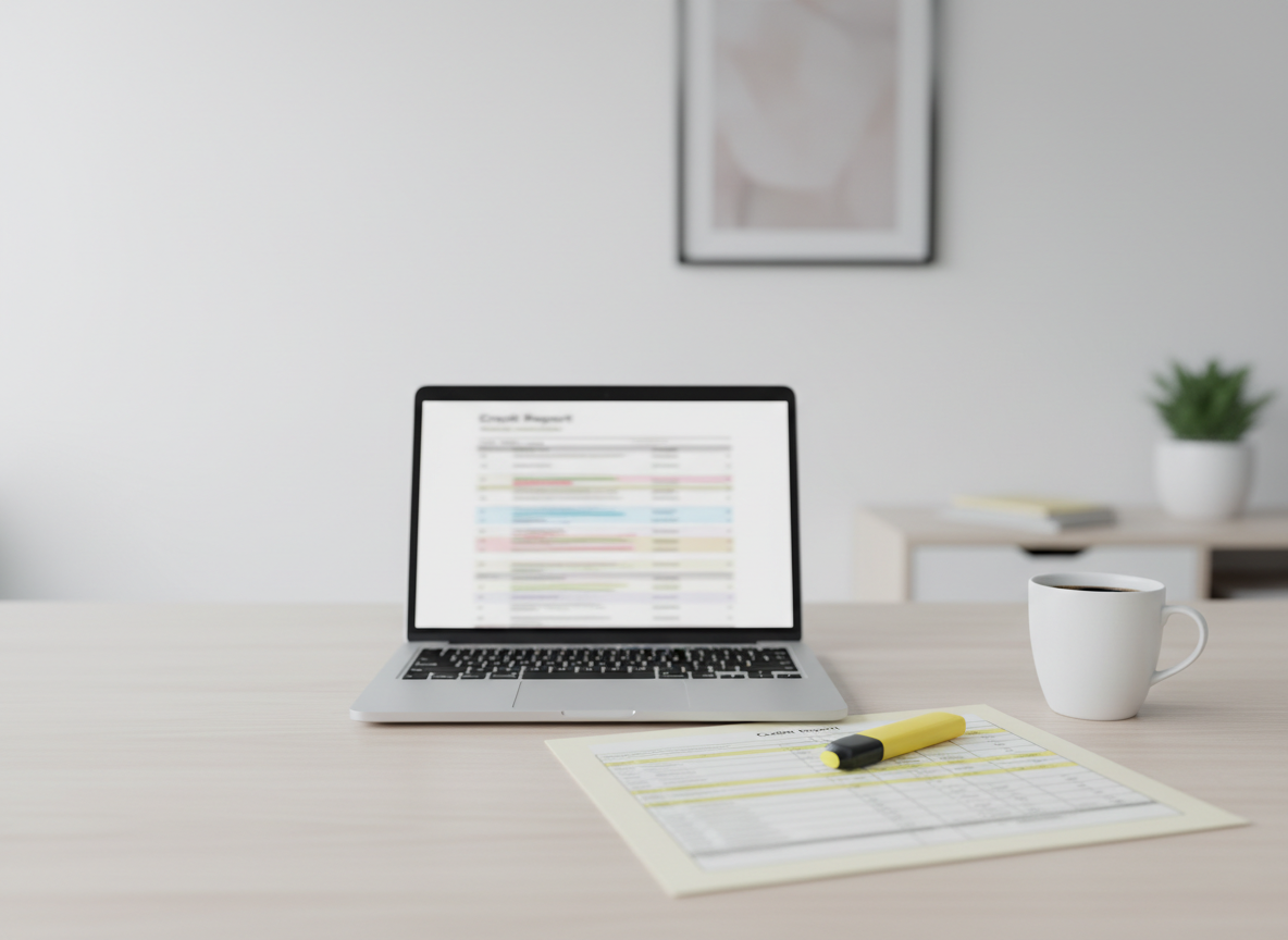 Open laptop on a light desk with a blurred spreadsheet on screen, a yellow highlighter and printed chart nearby.