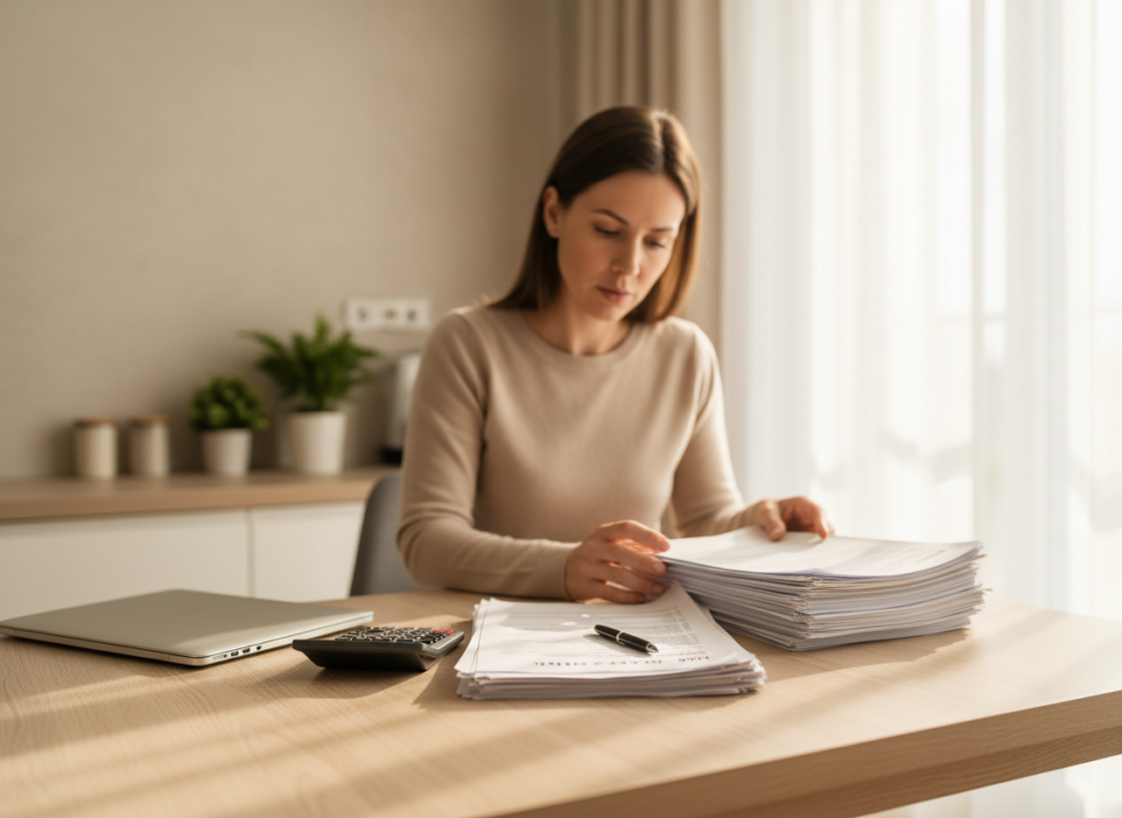Woman at a desk reviewing a large stack of papers next to a laptop and calculator in a bright, minimalist home office.
