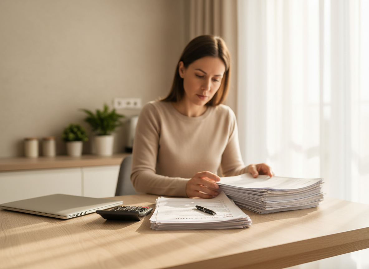 Woman at a desk reviewing a large stack of papers next to a laptop and calculator in a bright, minimalist home office.