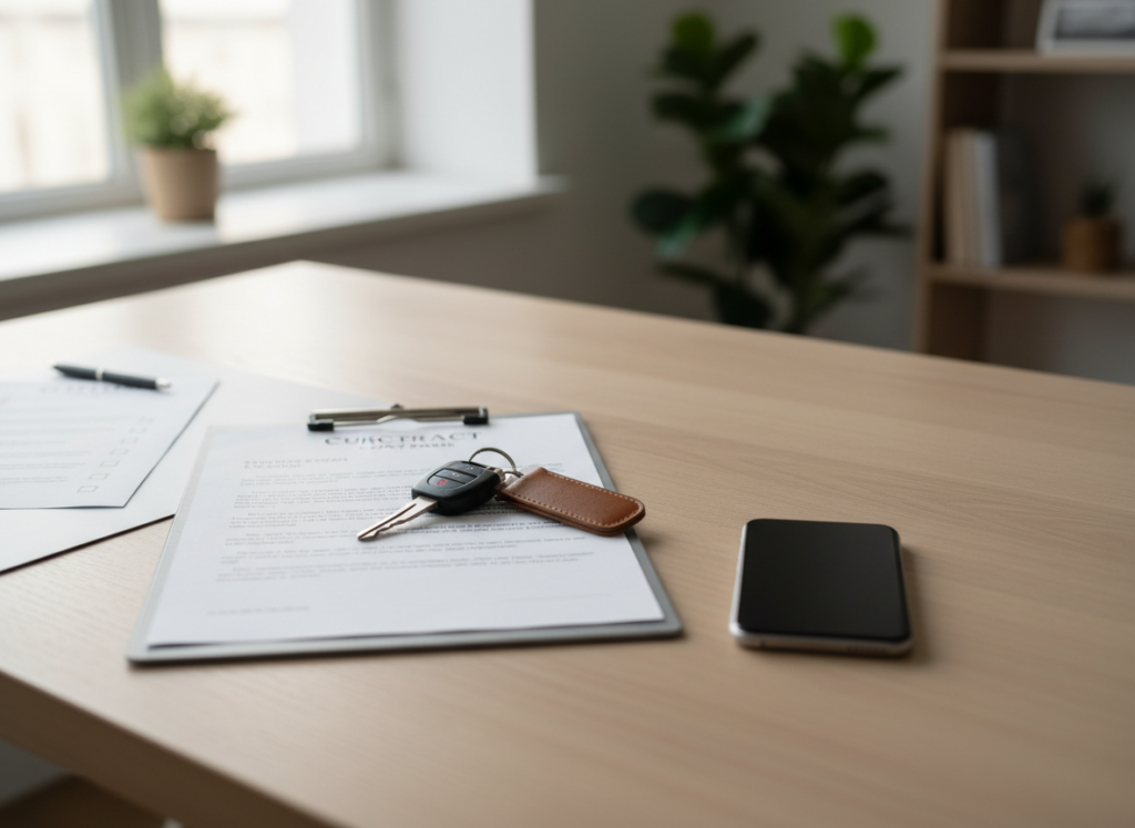 Contract document on a clipboard with a brown leather key fob, pen, and a smartphone on a light wood desk in an office