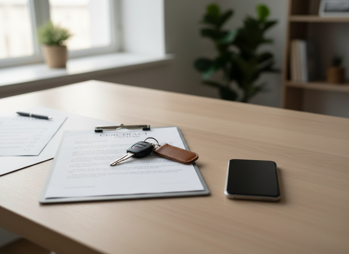 Contract document on a clipboard with a brown leather key fob, pen, and a smartphone on a light wood desk in an office