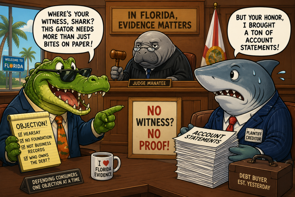 Courtroom scene in Florida: a green gator in a suit waves an 'Objection!' clipboard at the judge while a shark creditor stacks 'Account Statements' papers; central sign reads 'No Witness? No Proof!'