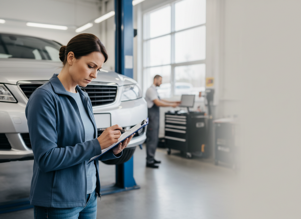 Female mechanic writes on a clipboard beside a white car on a lift in a bright auto repair shop.