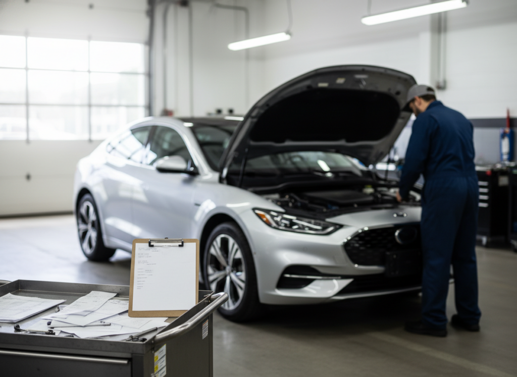 Auto repair shop: mechanic in blue coveralls inspecting a silver car with hood up, papers on a cart in the foreground