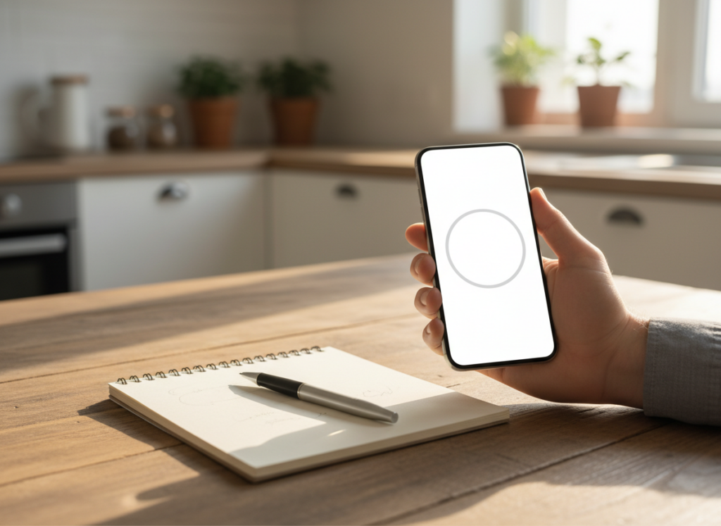 Hand holding a smartphone with a circular loading indicator over a notebook and pen on a wooden kitchen table, in sunlight on a bright morning kitchen worktop.