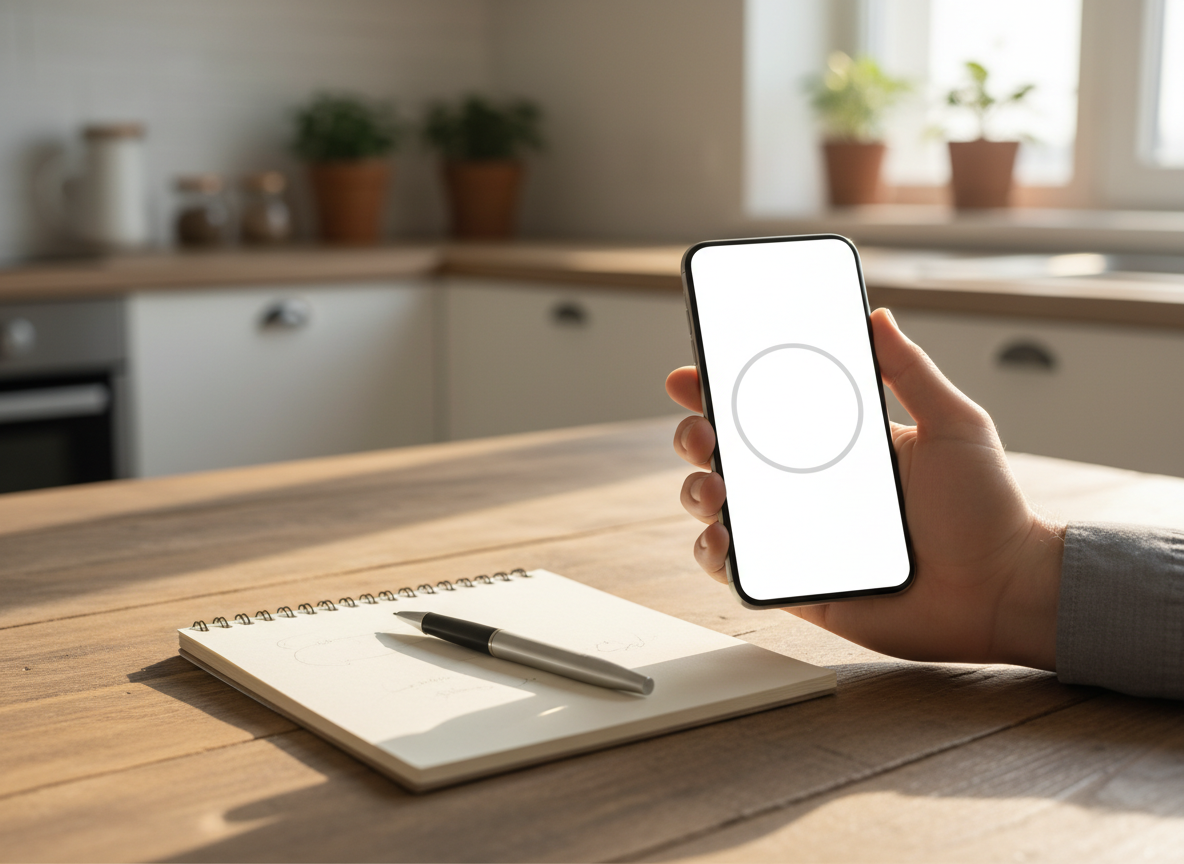 Hand holding a smartphone with a circular loading indicator over a notebook and pen on a wooden kitchen table, in sunlight on a bright morning kitchen worktop.