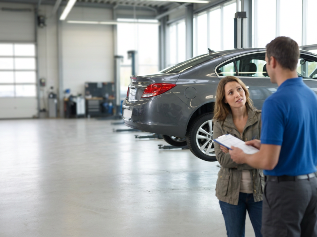 Two people discuss car service details in a bright auto repair shop beside a gray sedan on a lift, clipboard in hand nearby items and tools.
