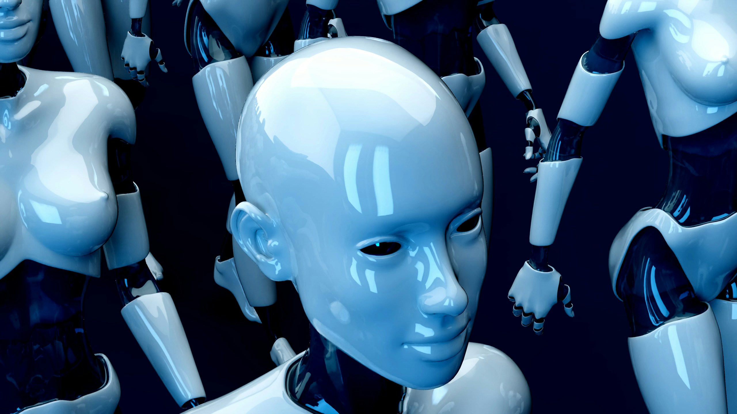 Cluster of glossy blue humanoid robots with articulated limbs in a dark background.
