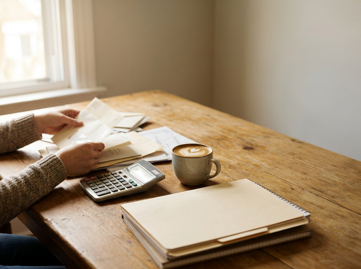 Hands sorting receipts and bills on a wooden table, next to a calculator and a cup of coffee.