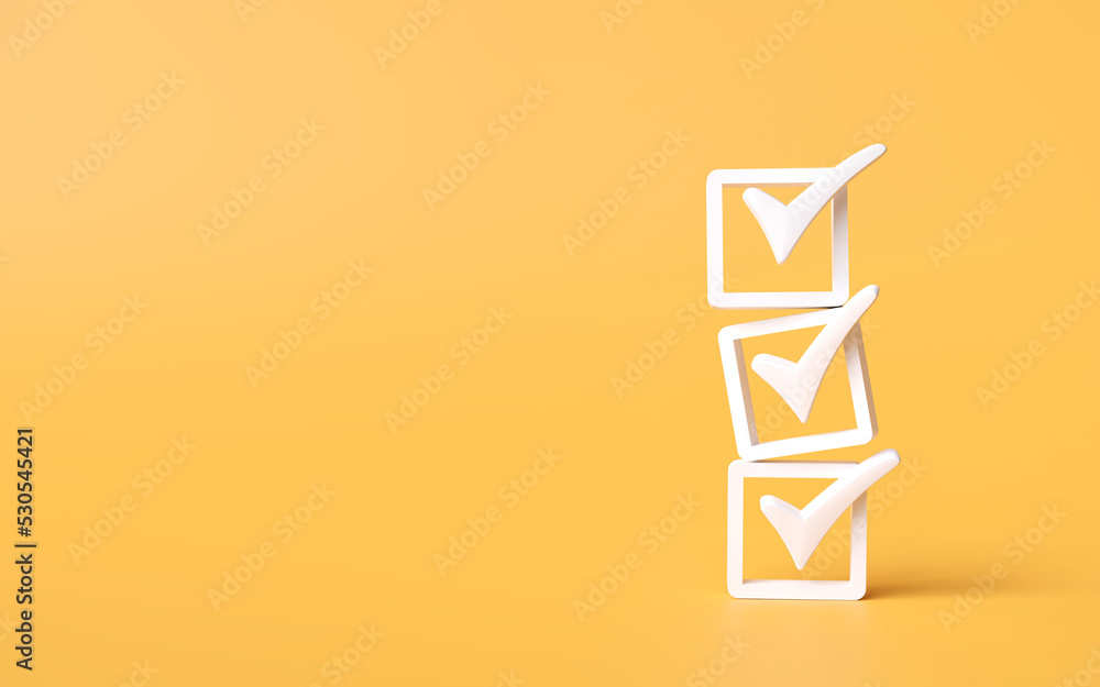 check mark icon stacked on yellow background. checklist survey concept ,and evaluation  Accreditation, quality assurance. with copy space and business design. 3D rendering illustration