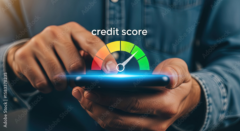 Checking Credit Score on Smartphone - Man Holds Phone with Credit Score Gauge, Financial Health, Loan Approval, Banking App, Business Finance Concept