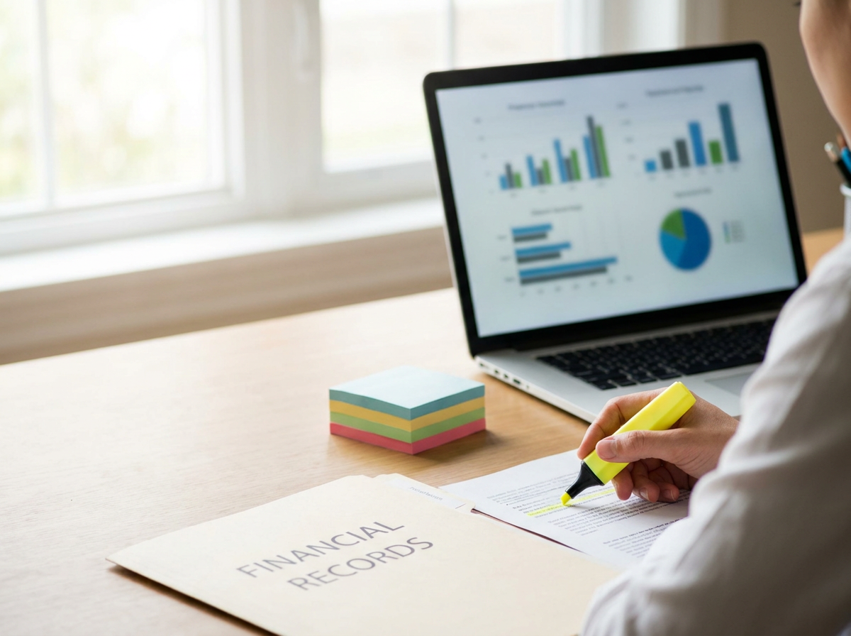 Person at a desk highlighting text in a financial records document with a laptop showing charts in the background.