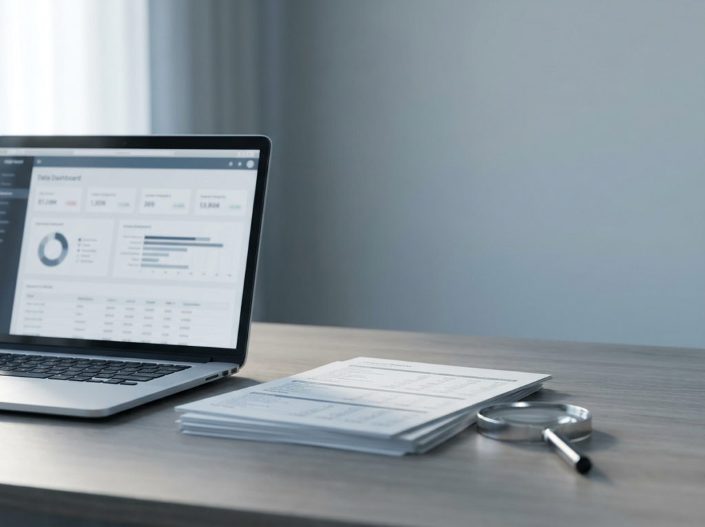 Laptop displaying a data dashboard with charts on a desk next to a stack of papers, a magnifying glass, and a pen.