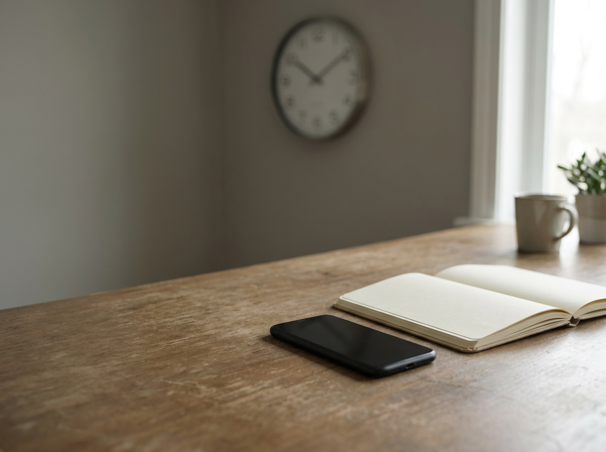 Desk scene: smartphone and an open notebook on a wooden table, with a mug and small plant near a window; a wall clock is blurred in the background.