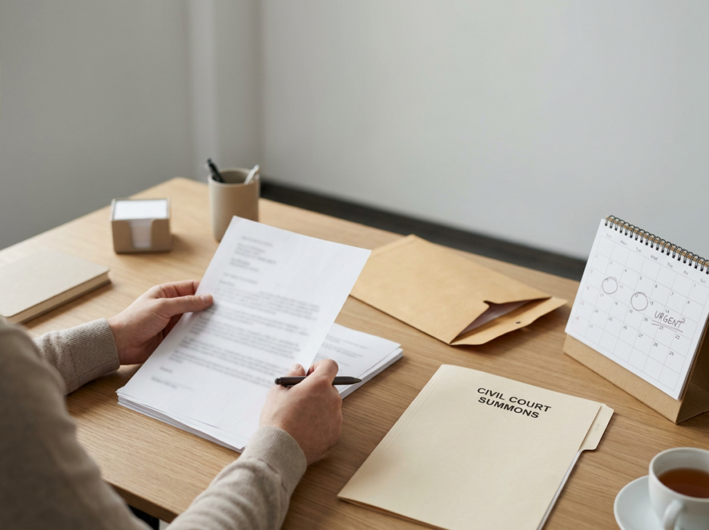Person at a wooden desk reviews a document over a stack of papers; a civil court summons folder sits nearby.
