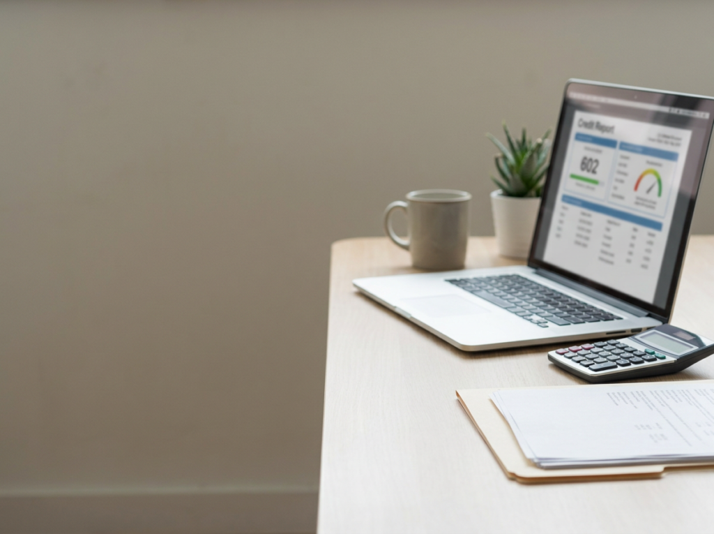 Desk setup with an open laptop showing a financial report, a calculator, mug, plant, and papers on a light wood desk.