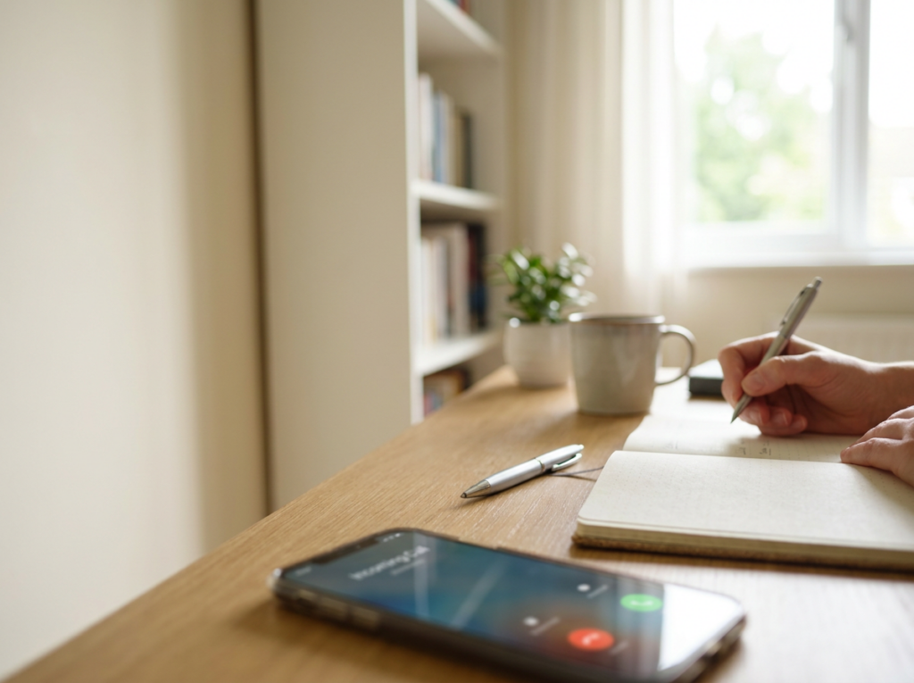 Person writing in a notebook at a wooden desk, with a smartphone, a mug, and a small plant nearby in a bright room with a bookshelf and window behind.