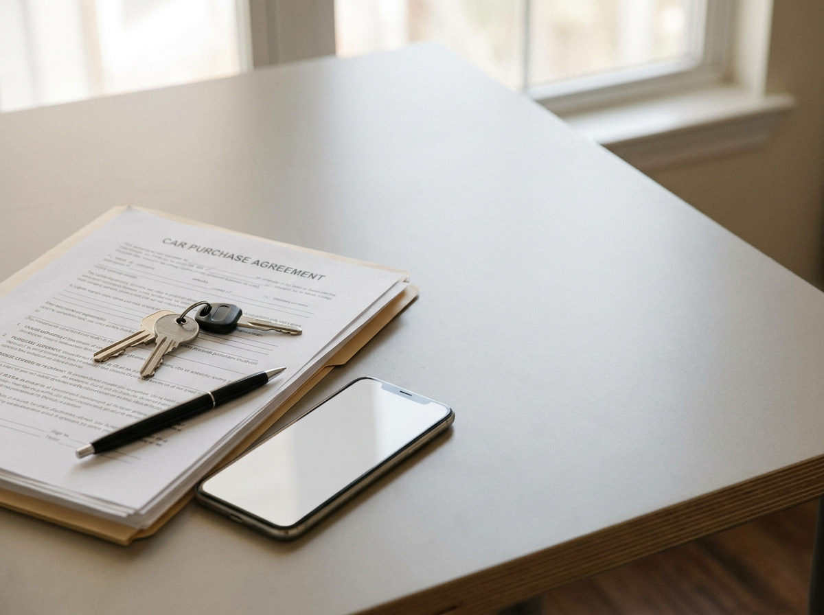 Car purchase agreement document on a desk with a set of keys, a black pen, and a smartphone nearby by a window.