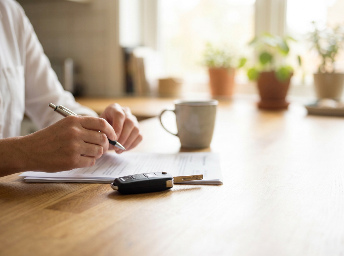 Hands signing papers on a wooden table with a car key and mug nearby, background plants blurred to keep focus on the task.
