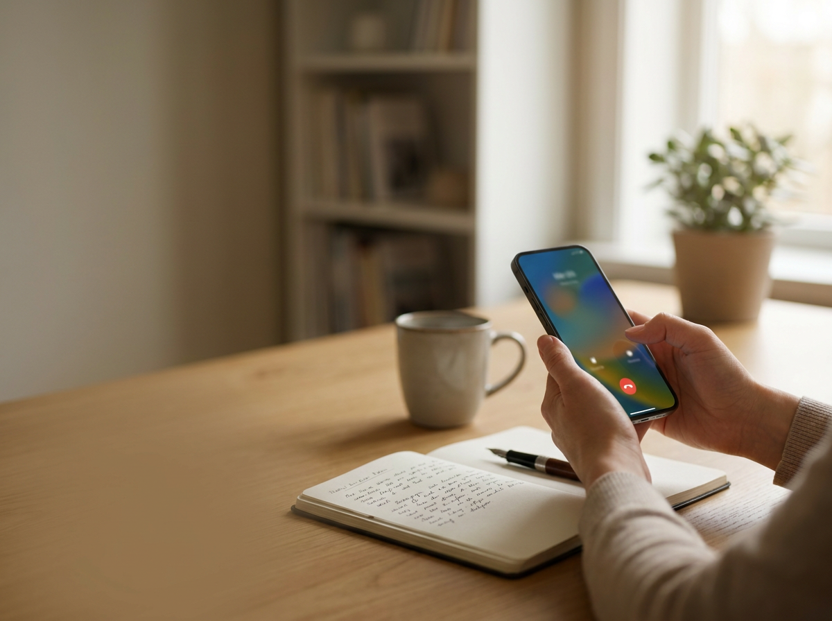 Person holds a smartphone over an open notebook on a wooden table, with a mug and potted plant in the background.