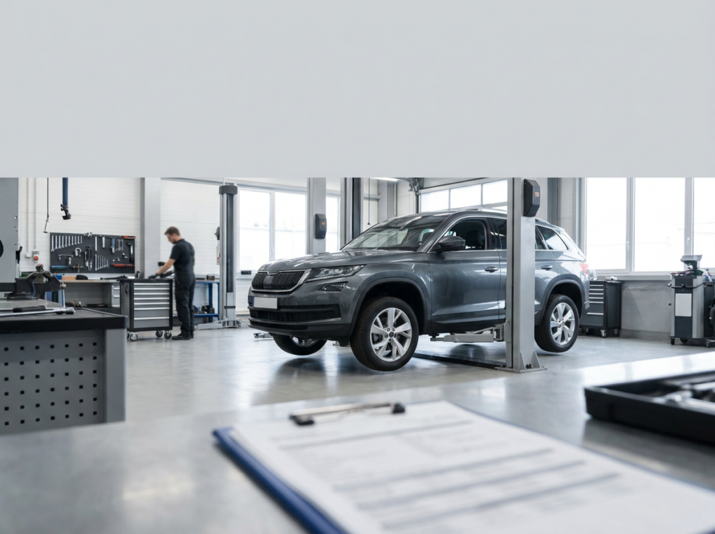 Grey SUV on a hydraulic lift in a clean auto repair shop, mechanic working at a toolbench in the background.