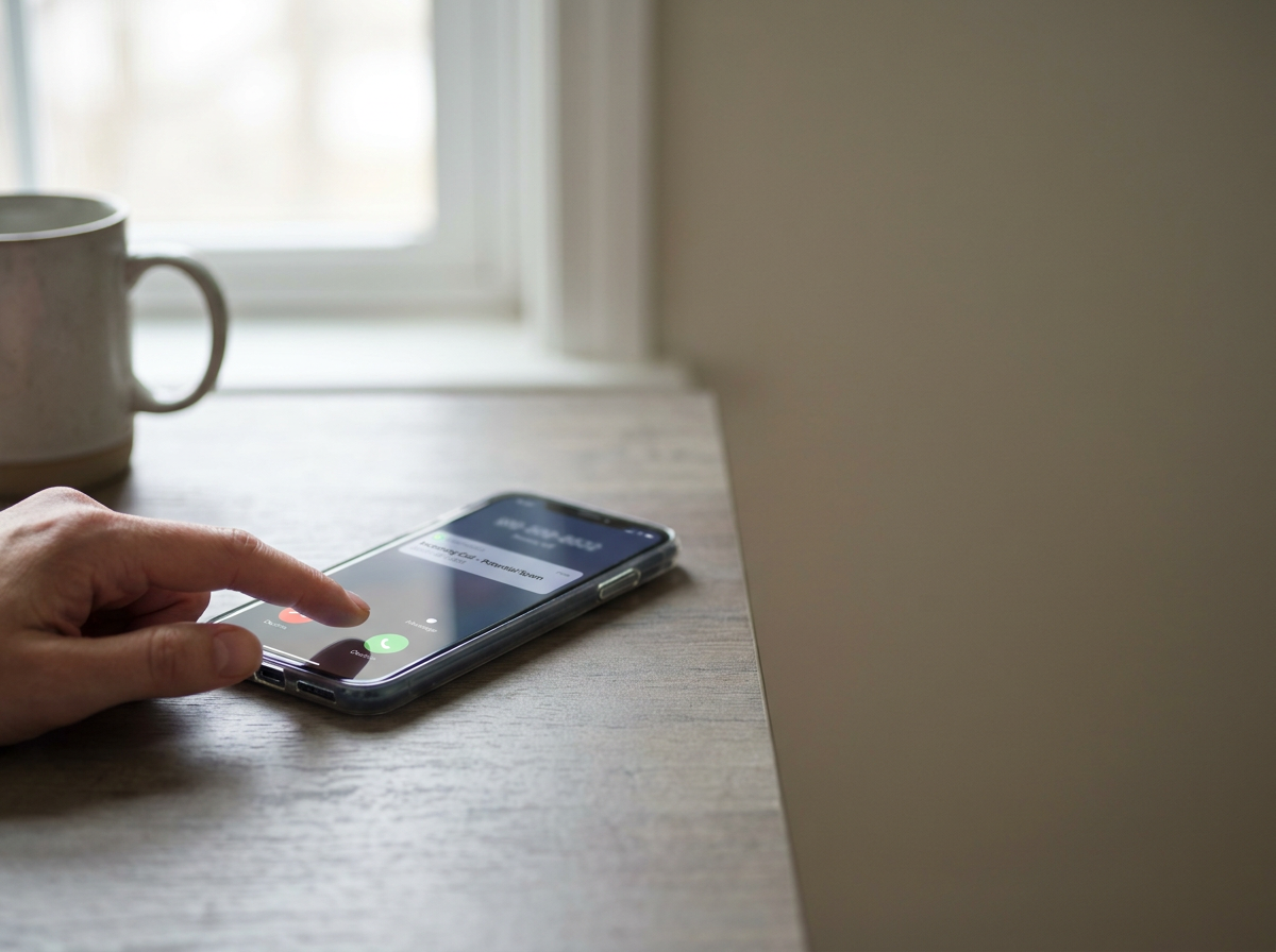 Close-up of a hand tapping a smartphone on a wooden table beside a mug, with an incoming call screen visible.