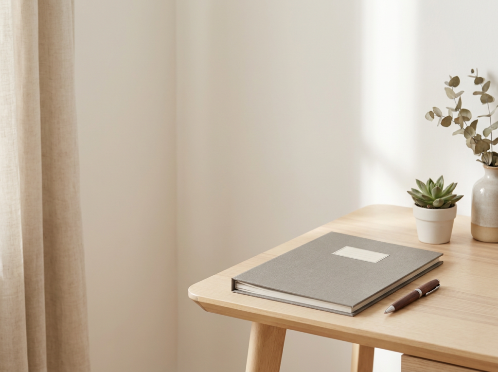Wooden desk with a gray notebook, brown pen, a small succulent in a white pot, and a vase of dried eucalyptus by a sunlit window.