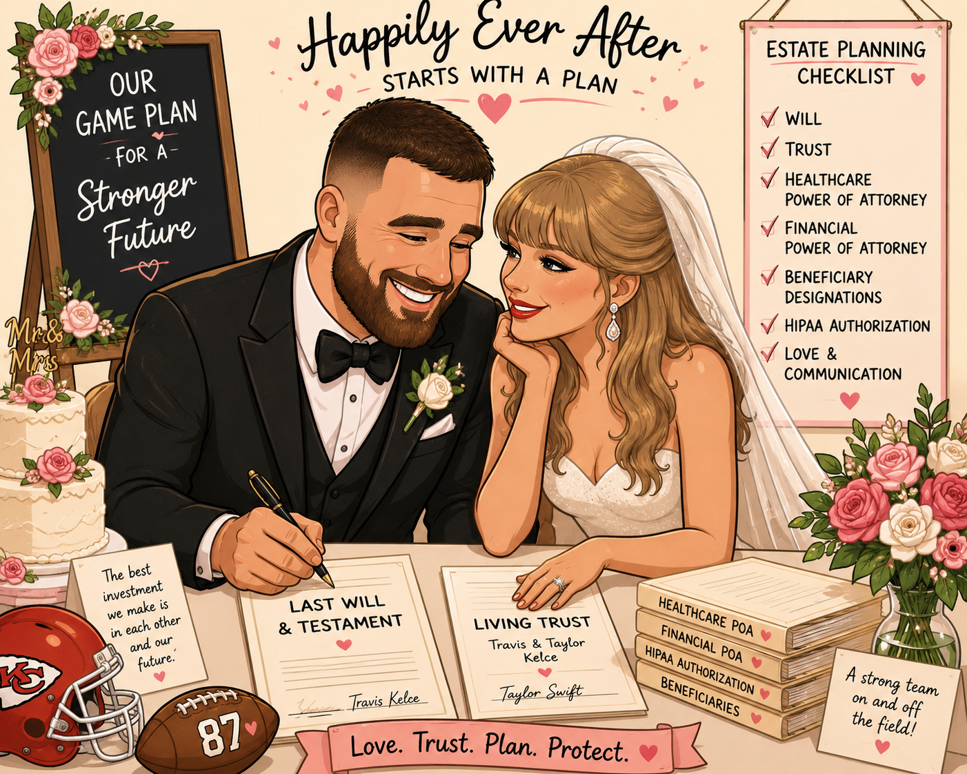Bride and groom in wedding attire sign will and trust documents at a wedding-themed table, with flowers and a planning checklist visible.