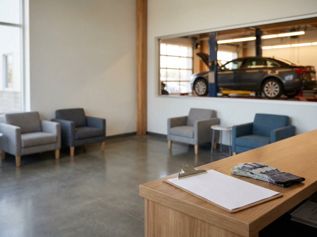 Modern auto repair shop waiting area with gray chairs and a wooden reception desk; a car on a lift visible through a wall window.