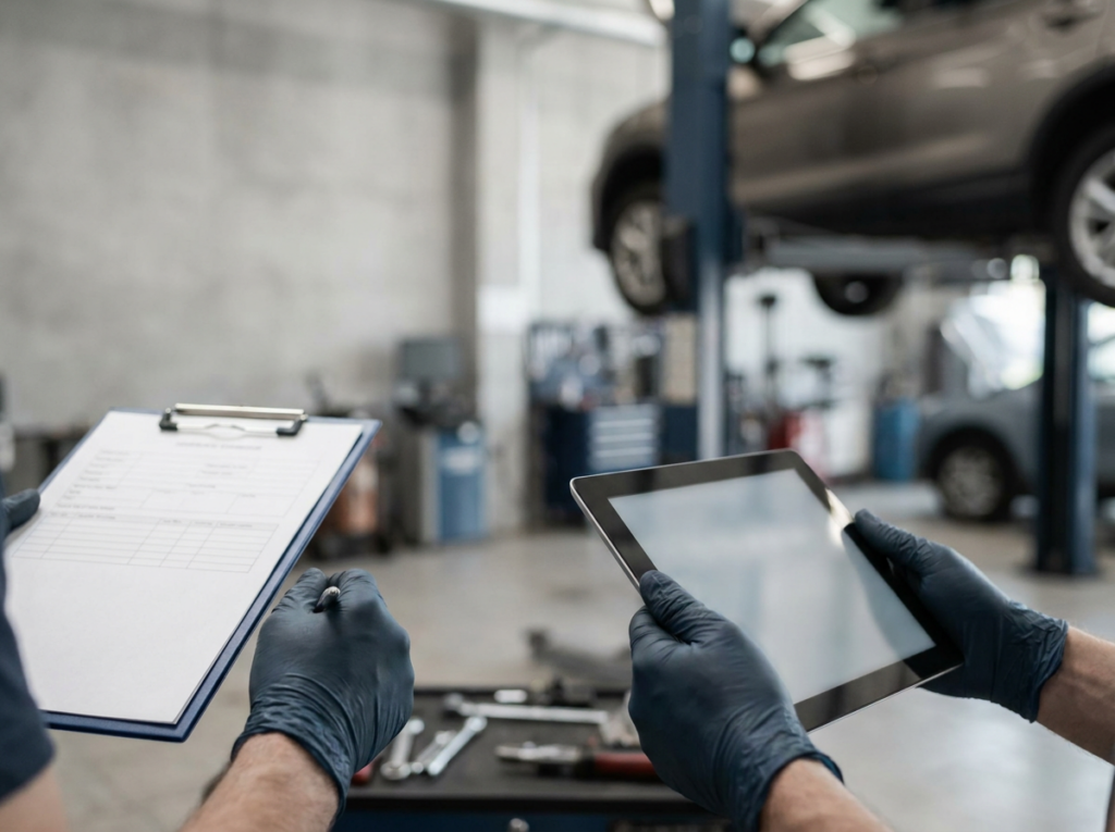 Technician wearing gloves holds a clipboard and a tablet inside an auto repair shop with a car on a lift in the background.
