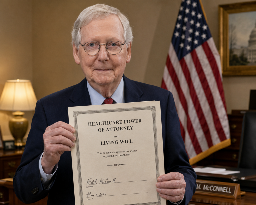 Older man in a navy suit holds a document titled 'Healthcare Power of Attorney and Living Will' in an office setting with an American flag in the background.