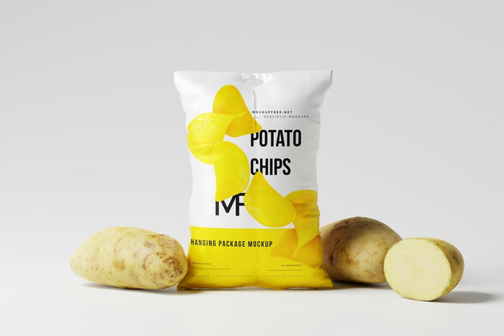 White potato chips bag with yellow chip illustrations, surrounded by potatoes against a gray background.